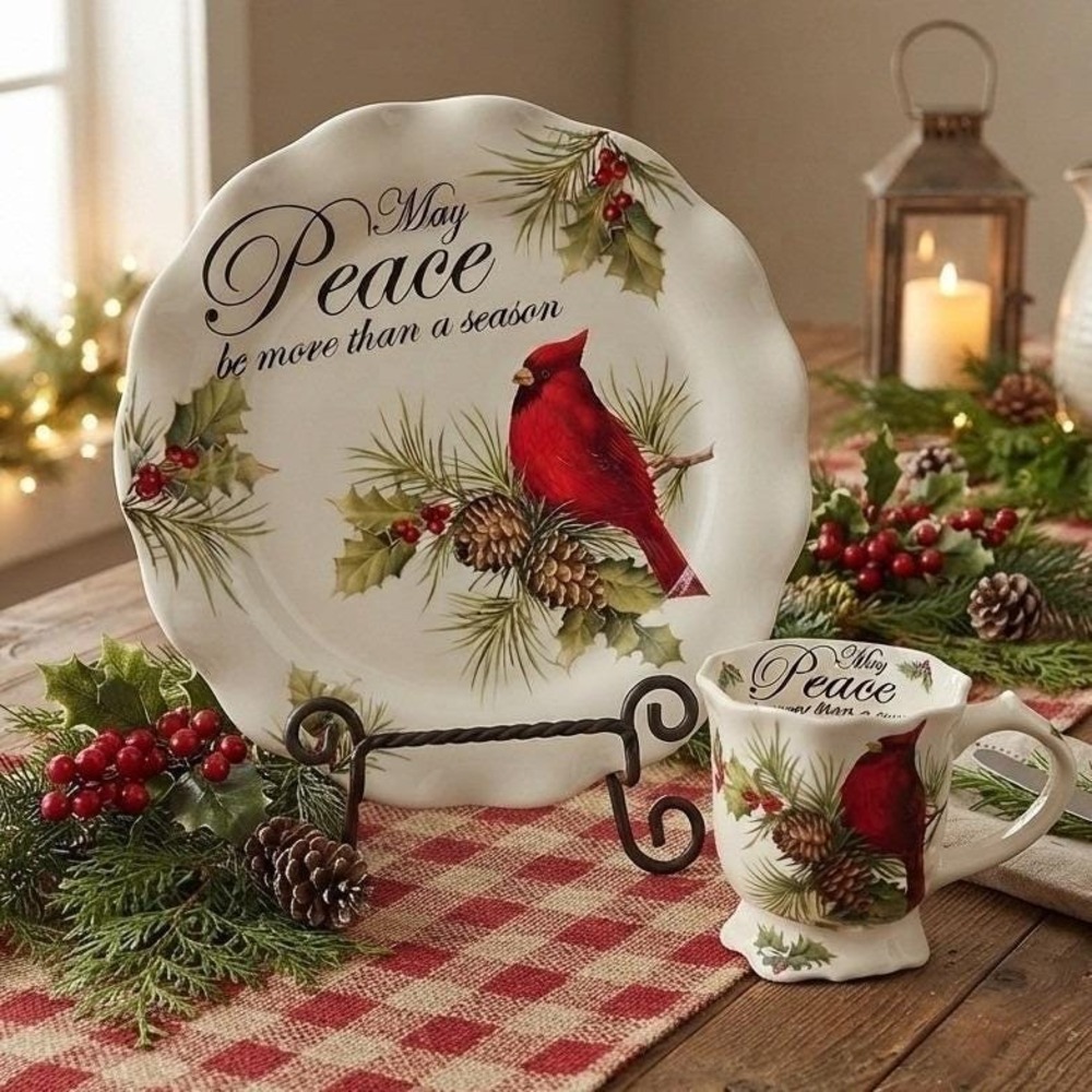 Cracker Barrel Holiday Garden Cardinal Plate & Mug Set | Rustic Christmas Decor